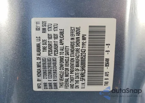 2011 Honda Odyssey Exl z USA, uszkodzony, nr VIN 5FNRL5H68BB052243